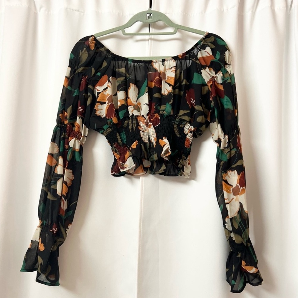 Black Square Neck Cottagecore Floral Chiffon Blouse With Ruffle Sleeves Top